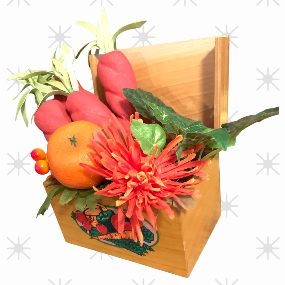Wooden Fruit and Flower Arrangement hand crafted in a wooden recipe box